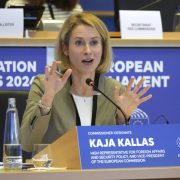Estonia's Kaja Kallas, nominee for European Union High Representative and Vice-President for Foreign Affairs and Security Policy, speaks during her hearing at the European Parliament in Brussels on Tuesday, Nov. 12, 2024. (AP Photo/Virginia Mayo)