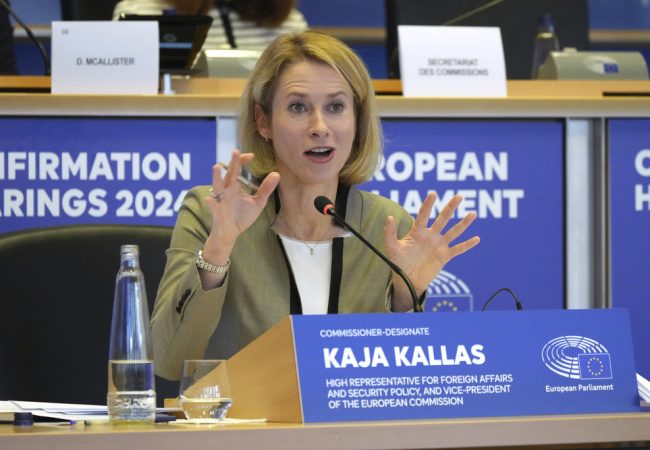 Estonia's Kaja Kallas, nominee for European Union High Representative and Vice-President for Foreign Affairs and Security Policy, speaks during her hearing at the European Parliament in Brussels on Tuesday, Nov. 12, 2024. (AP Photo/Virginia Mayo)