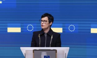 Marta Kos, Commissioner for enlargement of the European Commission speaks during press conference at the end of the EU-Ukraine Association Council at the European Council building in Brussels, Wednesday, April 9, 2025. (AP Photo/Omar Havana)